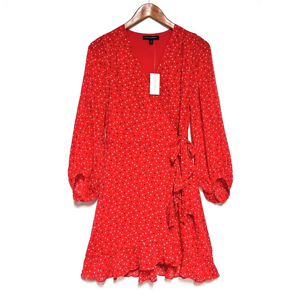Banana Republic Red Heart Print Ruffle Wrap Dress Coquette Romantic Valentine 2